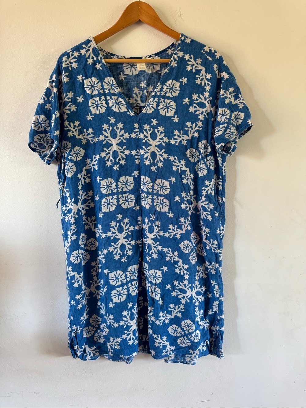 H&M Womens M Linen Blend Blue White Floral Tunic Dress Boho V Neck